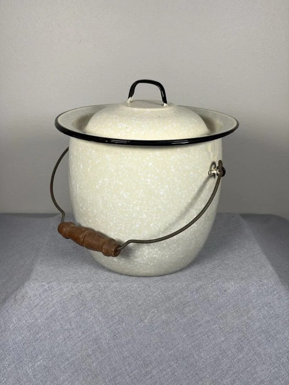 Vintage Cream Speckled Enamelware Chamber Pot With Lid And Wooden Handle